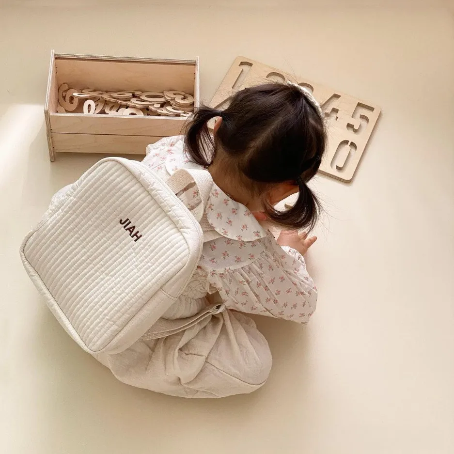 Customized Embroidered Name Stripe Solid Color Backpack Cute Minimalist Toddler School Bag Perfect Daily Campus Travel Essential 3