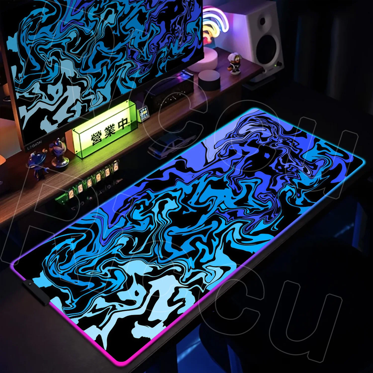 Enhanced RGB XXL Black and White Strata LED Desk Mat - Oversized Liquid Fluid Mousepad