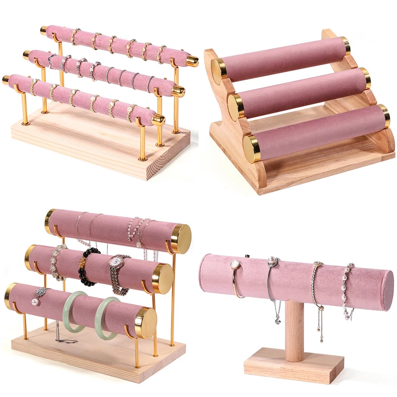 Solid Wood Pink Velvet Jewelry Exhibitor Stand Ring Earrings Storage Stand Bracelet Watch Display Stand