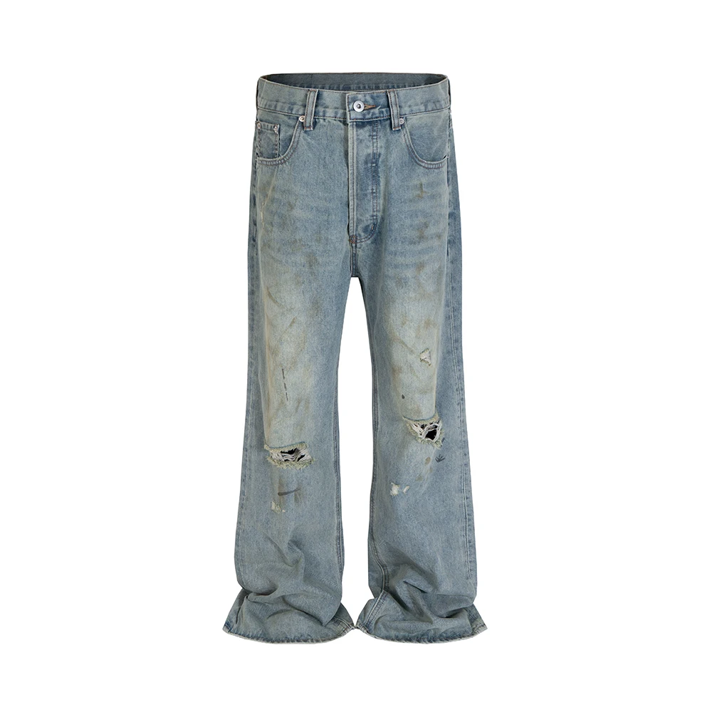 

Рваные потертые синие грязевые окрашенные мешковатые джинсы для мужчин и женщин в стиле High Street состаренные повседневные Комбинезоны свободные джинсовые брюки