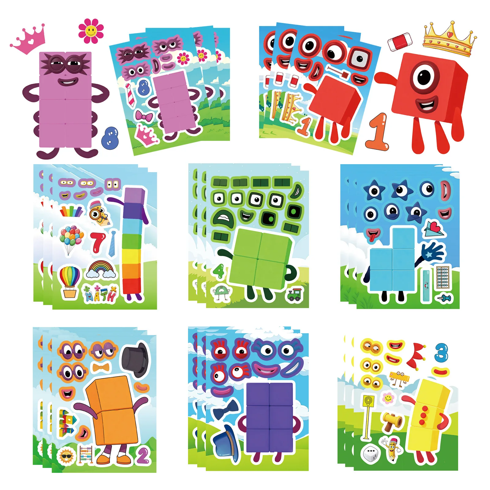 8/16 Fogli di Adesivi Puzzle con Numeri e Cartoni Animati per Decorare Quaderni, Scatole, Frigoriferi, Impermeabili e Fai-da-Te