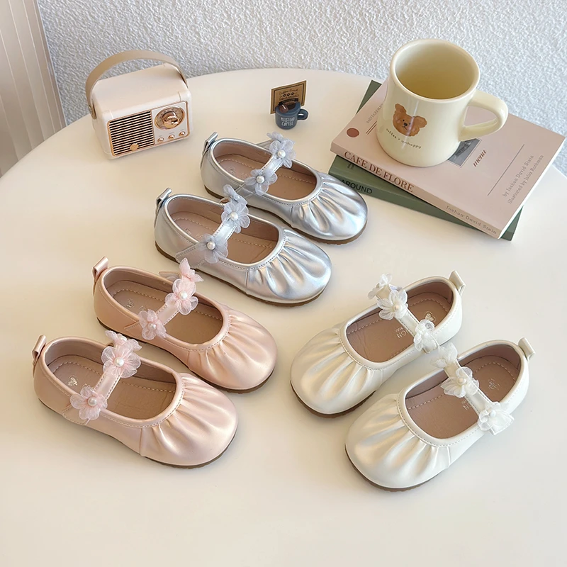 Spring Autumn Little Girls Leather Shoes Princess Fashion Kids Causal Shoes Pleated Lace Children Wedding Party Flat