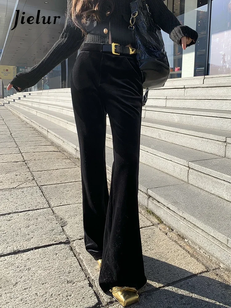 Jielur New Gold Leather Loop Buckle Velvet Black Flare Pants Spring Korean Fashion Versatile Women Casual Simple Women's Pants