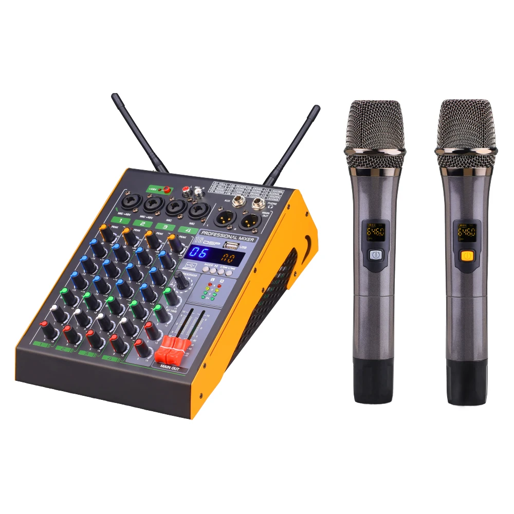4 Channel Sound Mixer With Wireless Microphone 16DSP Mixing Console
