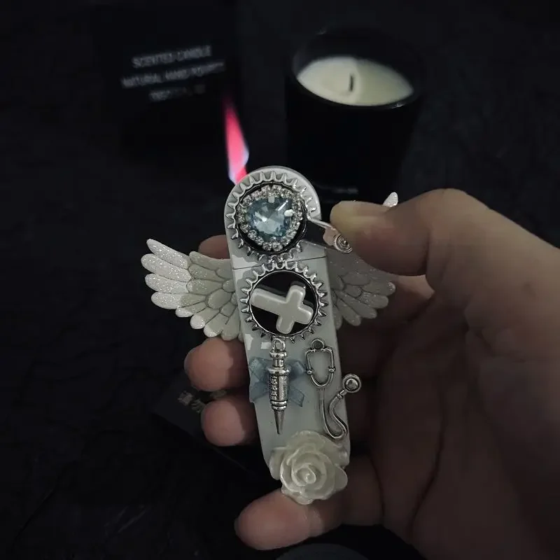 New Angel Wings Windproof Lighter Spray Pink Flame Butane Inflatable Lighter Cigarette Accessories High Beauty Girl Gift 6