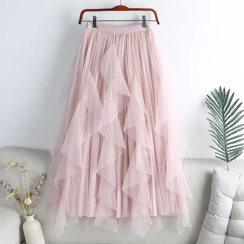 

2023 Autumn and Winter New Mid Length Halfskirt Retro Pleated Yarn Skirt Irregular Elegant Slim A Line Mesh Sweet H994