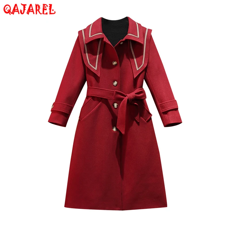 

Autumn Winter Red Thick Warm Woollen Overcoat Women Elegant Bodycon Trench Coats 2024 New Black Korean Vintage Hepburn Top Coats