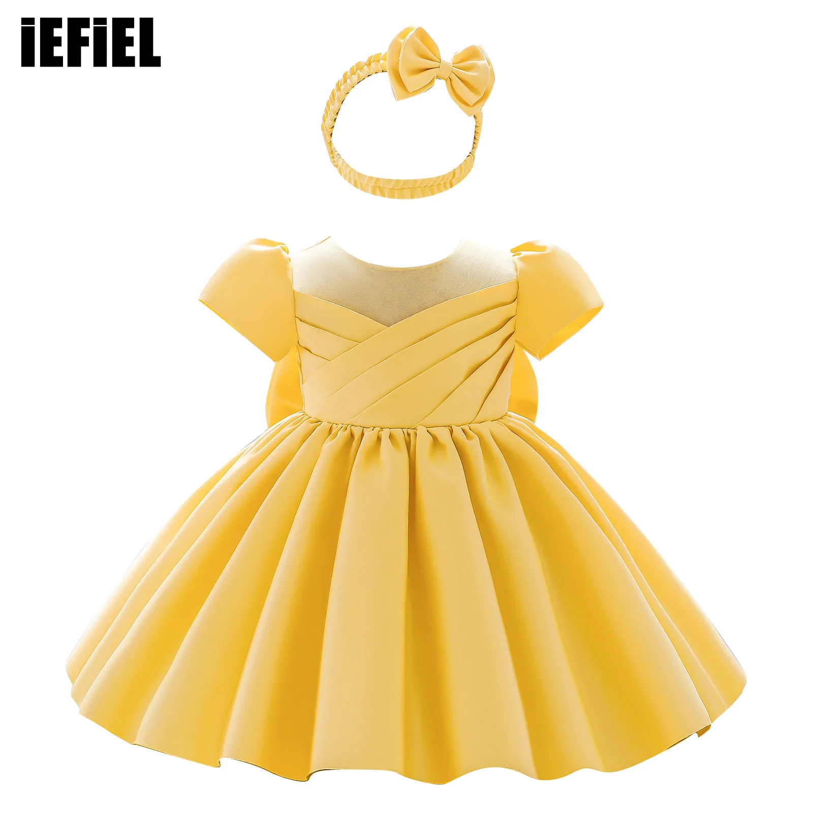 

Baby Girls Dresses Christening Party Clothing with Bow Head Decoration Short Sleeves A-Line Pleated Dress Birthday Proms Gown