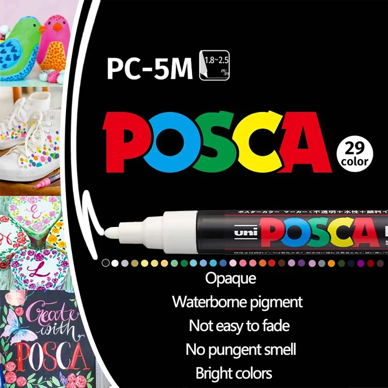 Japan Uni Posca Paint Marker Pen, PC-1M PC-3M PC-5M PC-8K 17K  ,7/8/12/15/21/24/28/29 Colors Set Painting Advertise Pens