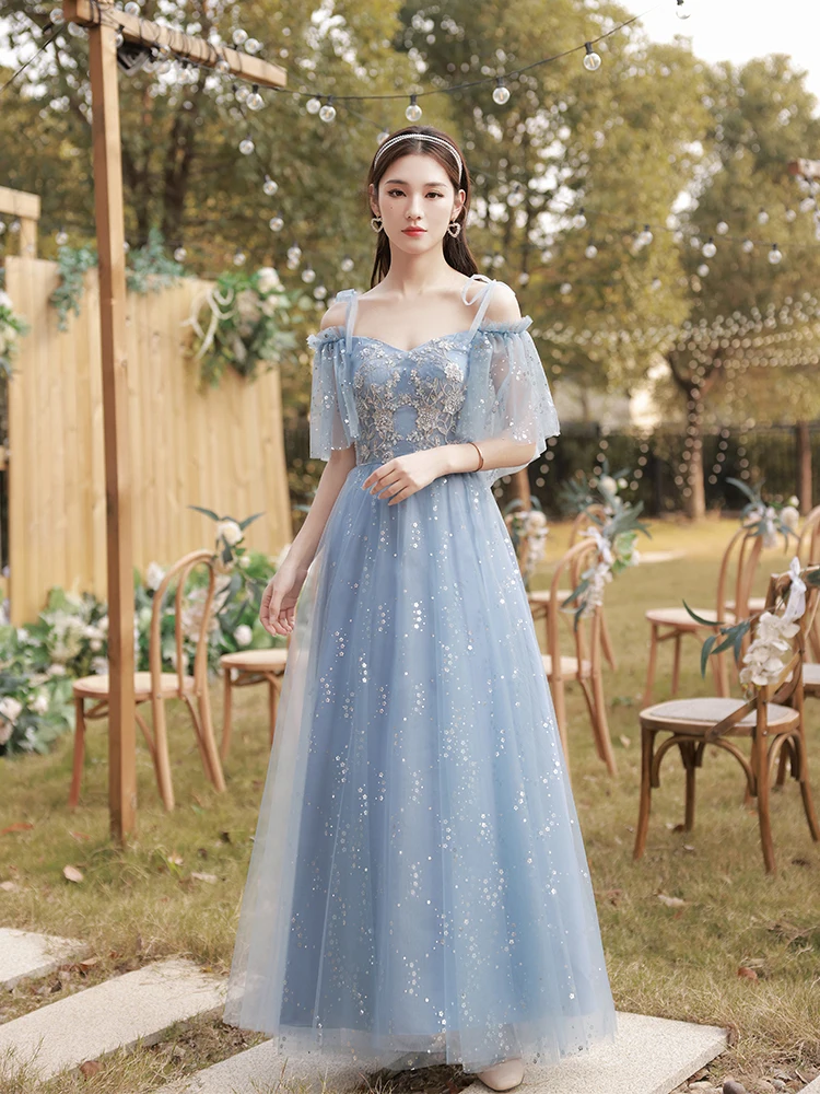 130CM Greydish Blue Long Sweat Lady Girl Women Princess Bridesmaid Banquet Party Dress Gown