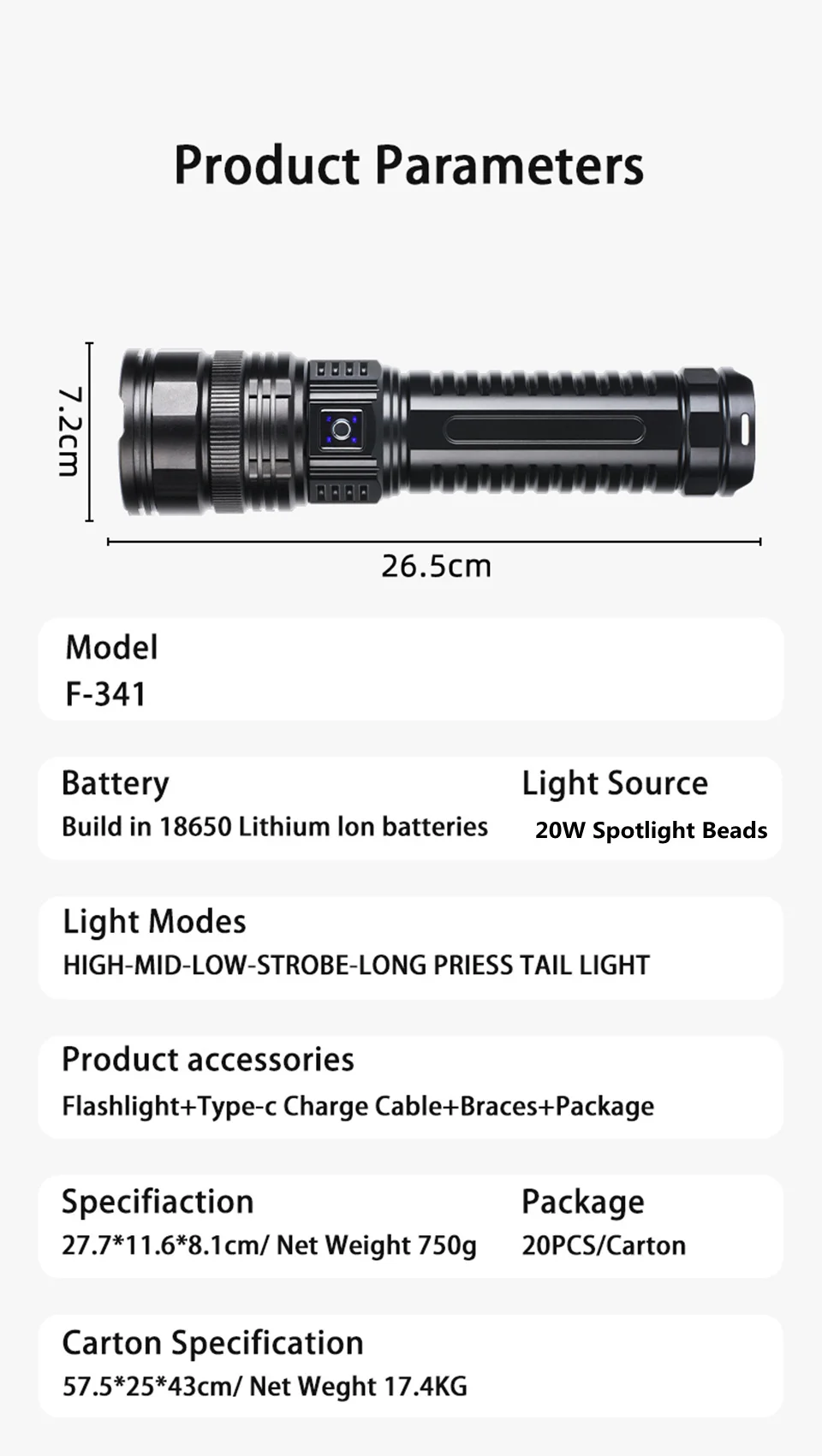 Description Picture 4 of itemHigh Power Spotlight Long Range LED Flashlight  Built In 18650 Battery Type-C Charging Lantern Tactical Torch for Fishing