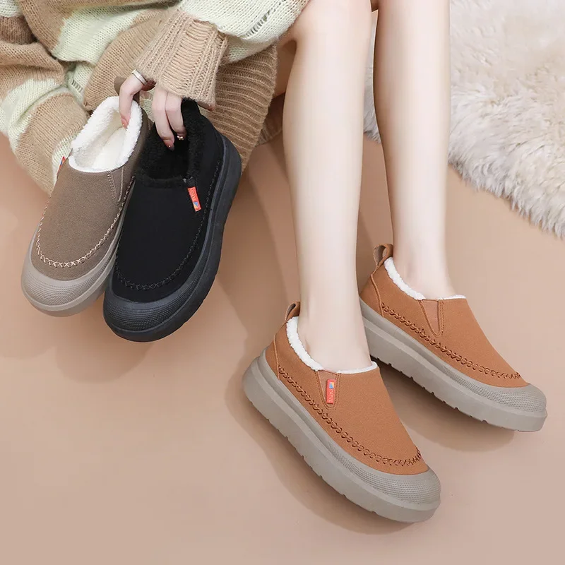 Women's Slip on Cotton Shoes Winter New Plush Thicken Outdoor Casual Warm Shoes Fashion Vintage Non Slip Comfort Snow Boots