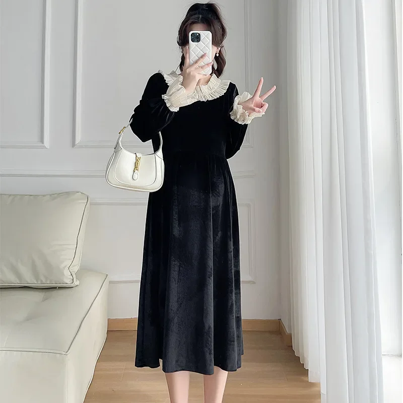 

Maternity Dress Autumn Lotus Collar Splicing Fashion Pregnant Mother Golden Velvet Clothes Long Sleeve Pregnancy Women Dress