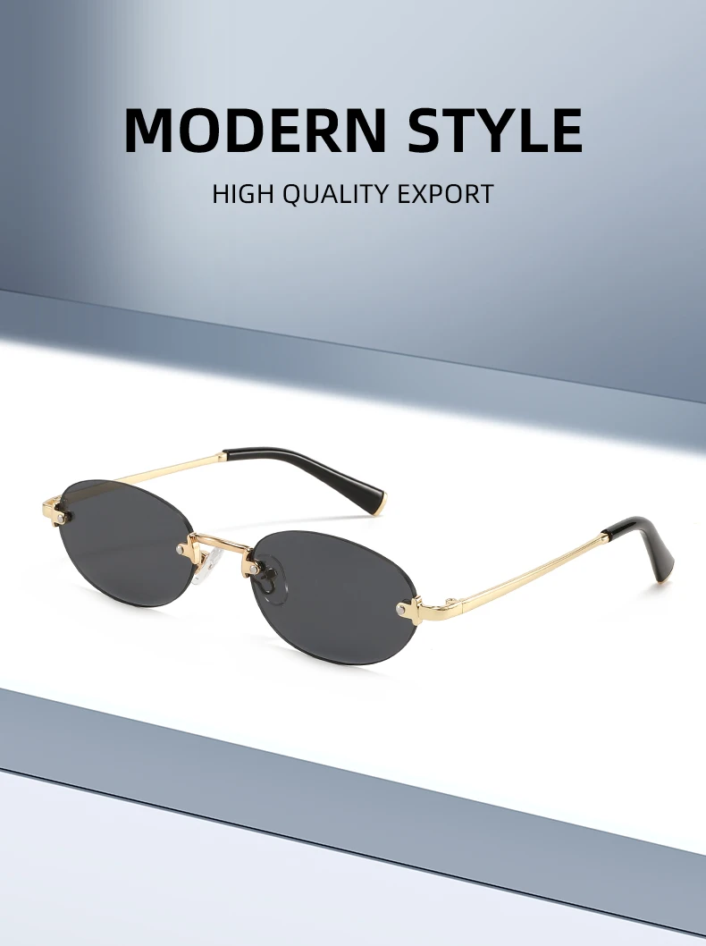Modische Randlose Ovale Sonnenbrille für Damen Metallrahmen Gebogene Rutschfeste Bügel Langlebiges Scharnier Komfortable Nasenpolster – Detail 1