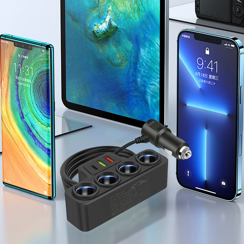 Car Cigarette Lighter Splitter with 4 Outlets and 3 USB Ports