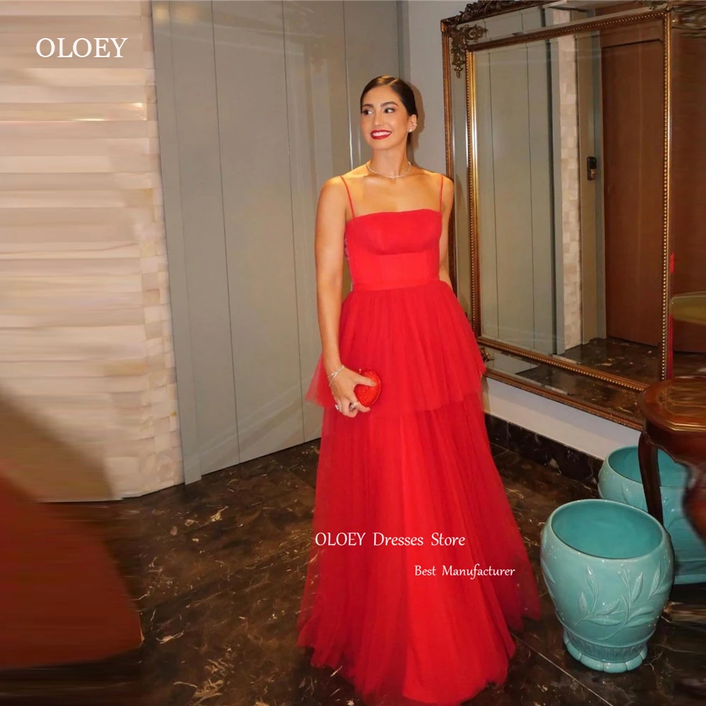

OLOEY Spaghetti Straps Red Tulle Evening Dresses Women Tiered Layered Long Elegant Prom Gowns Formal Occasion Dress Celebrity