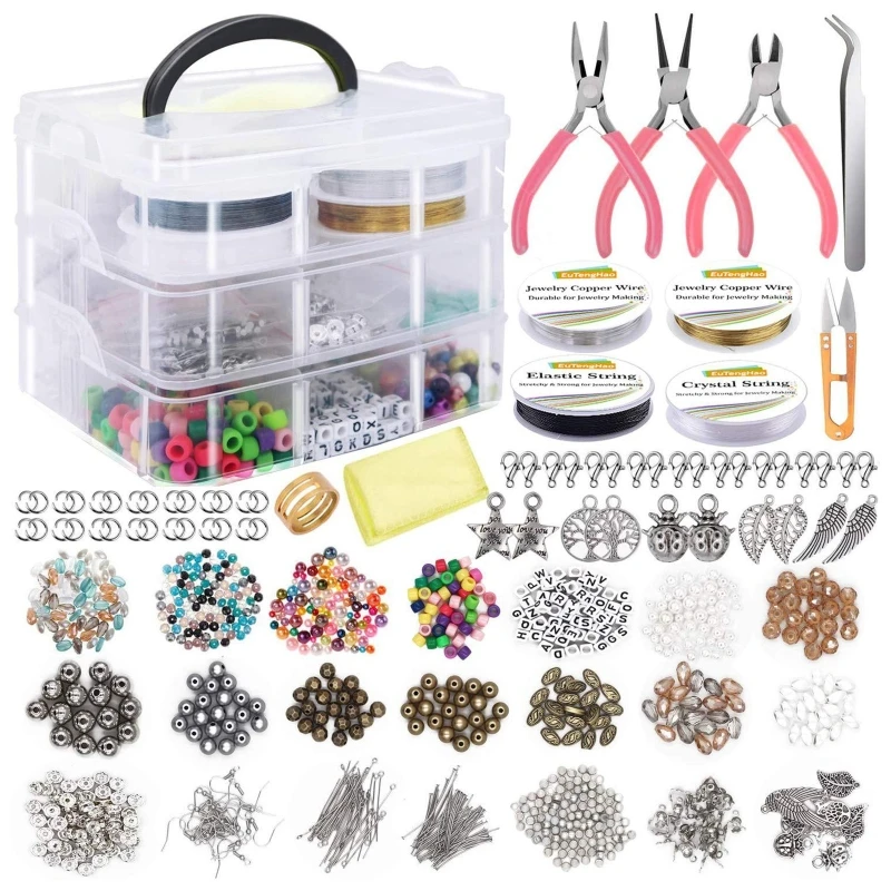 

Necklace Bracelet Earrings DIY Jewelry Making Supplies with Assorted Beads Findings Wire Cord Pliers