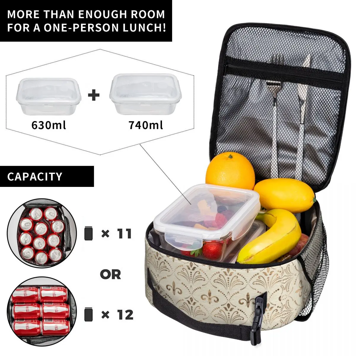 Elegant Fleur De Lis Lily Flower Pattern Insulated Lunch Tote Bag Unisex Thermal Cooler Food Lunch Box Outdoor Camping Travel