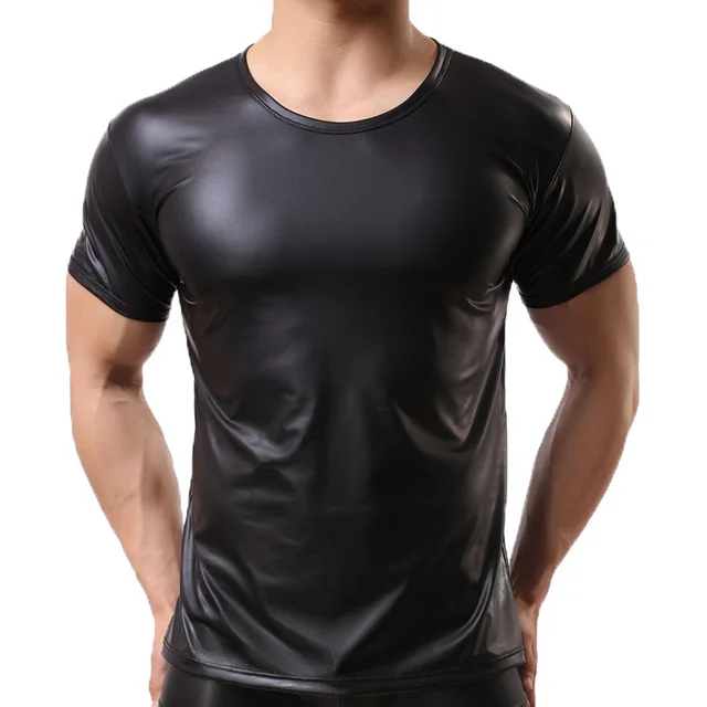 Koszule męskie Faux Leather t-shirty z krótkim rękawem PU Leather Sexy Fitness topy Gay Latex T-shirt Gay Stage Tee Sexy odzież klubowa 1