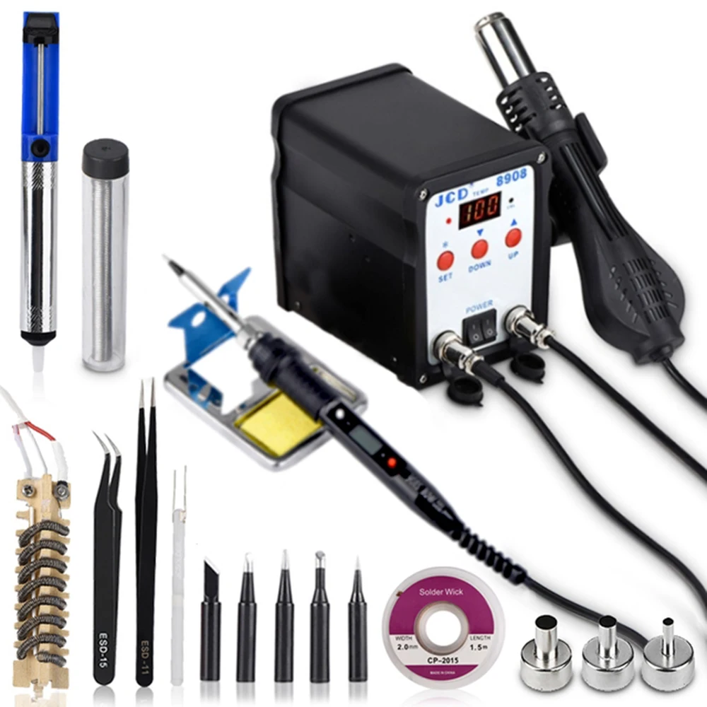 QHTITEC Soldering Station 2 IN 1 soldering iron with hot air gun SMD BGA Rework LCD Digital station 8908 Welding Repair machine