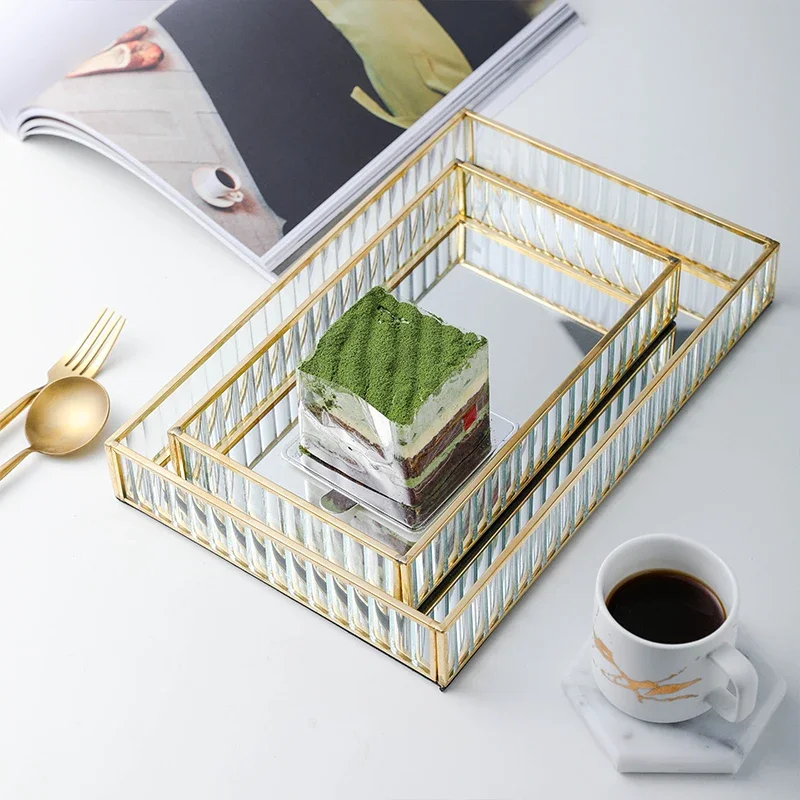 Description Picture 2 of itemNordic Glass Mirror Storage Tray Gold Rectangle Makeup Organizer Dessert Plate Jewelry Display Home Kitchen Decor