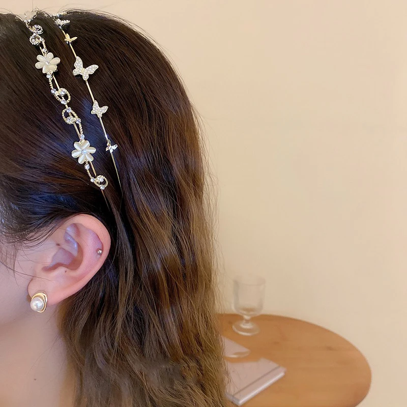 AWAYTR Shiny Rhinestone Flower Bow/Butterfly Hairband Metal Gold Silver Headband Hair Hoop Bezel Women Elegant Pearl Hair Bands