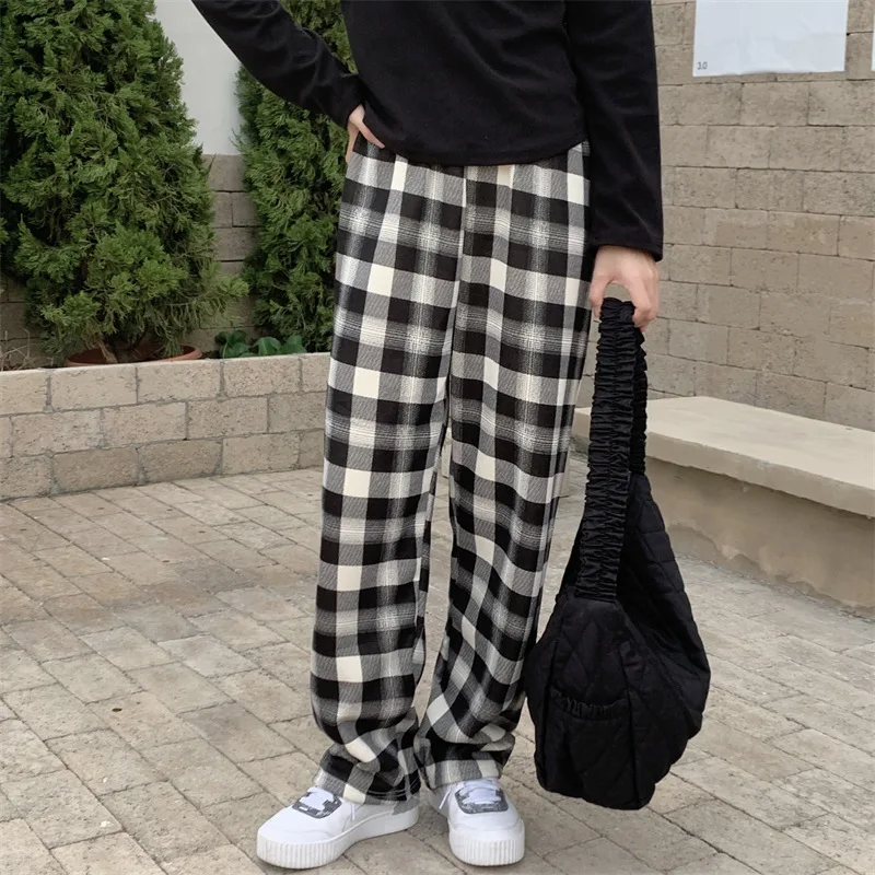 2025 Fashion Warm Plush Pants Cashmere Thick Plaid Maternity Ladies Winter Casual Loose Wide-legged Pants Korean Streetwear