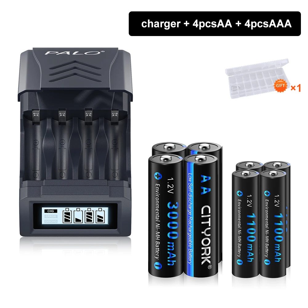 

CITYORK 1.2V 3000mAh NI-MH AA Rechargeable battery + 1100mAh AAA NIMH Rechargeable Batteries With 4 Slots LCD USB charger