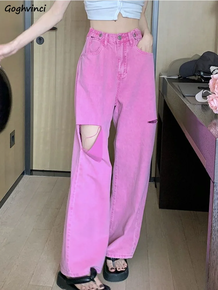 

Rosy Jeans Women S-4XL Hole Wide Leg Korean Style Streetwear Loose Fashion Ulzzang Hotsweet Vintage Washed College Classic Chic
