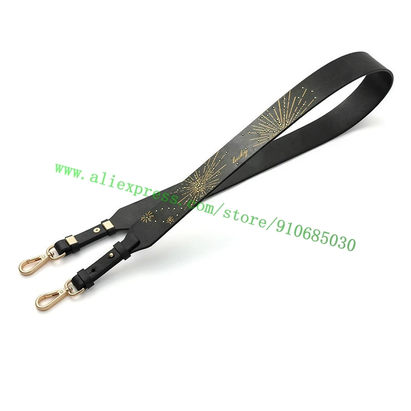 Synthetic Micro Fiber Black Leather Stars Studs Firework Shoulder Strap For Designer Lady Handbag Women Bag Purse Carry Belt