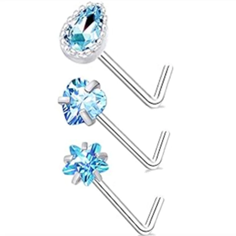 3PC Stainless Steel Nose Piercing Stud Set L Shape Pink