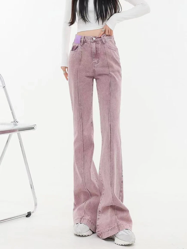 Vintage Purple Micro Flared Jeans High Waist Slim Casual Pants Loose Casual Denim Pants Green Trousers Pocket Zipper Up Trousers