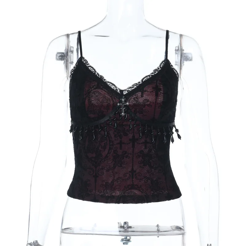 Vintage Mall Gothic Flocking Camisole Women Aesthetic Fairycore Grunge Y2k E-girl Lace Patchwork Beading Crop Tank Tops 5