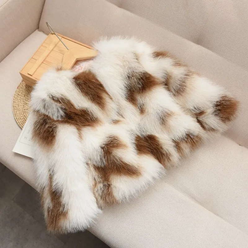 Winter Patchwork Fur Coat for Girls Short Round Neck - Uniqwear