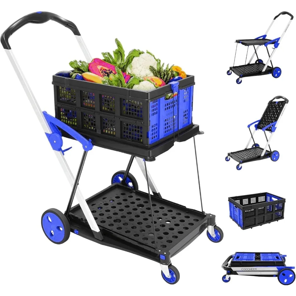 

Mobile Folding Trolley, Shopping Cart with Storage Crate,Portable Folding Cart, Shopping Cart Folding Trolley for Home, Blue