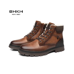 BHKH 2024 Winter Men Boots Fur Warm Ankle Boots Anti-Slip Snow Shoes Zip Lace-up Men Casual Boots Man Shoes