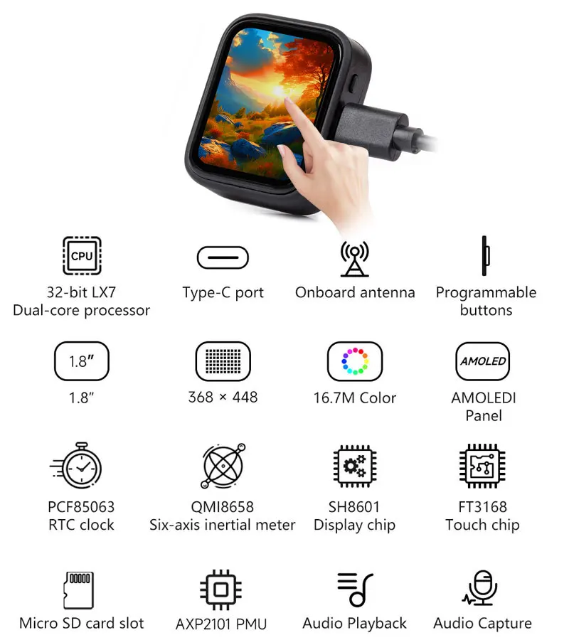 UeeKKoo ESP32-S3 1.8inch AMOLED Touch Display Development Board, 32-bit LX7 Dual-Core Processor, 368×448 Pixels, Onboard Audio Codec, Support Offline Speech Recognition And AI Speech Interaction
