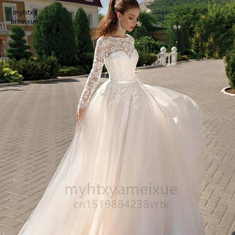 

Long Sleeve Plus Size Wedding Dress 2023 Custom Made Women Backless Lace Appliqued A Line Bridal Gowns Corset Tull Boho