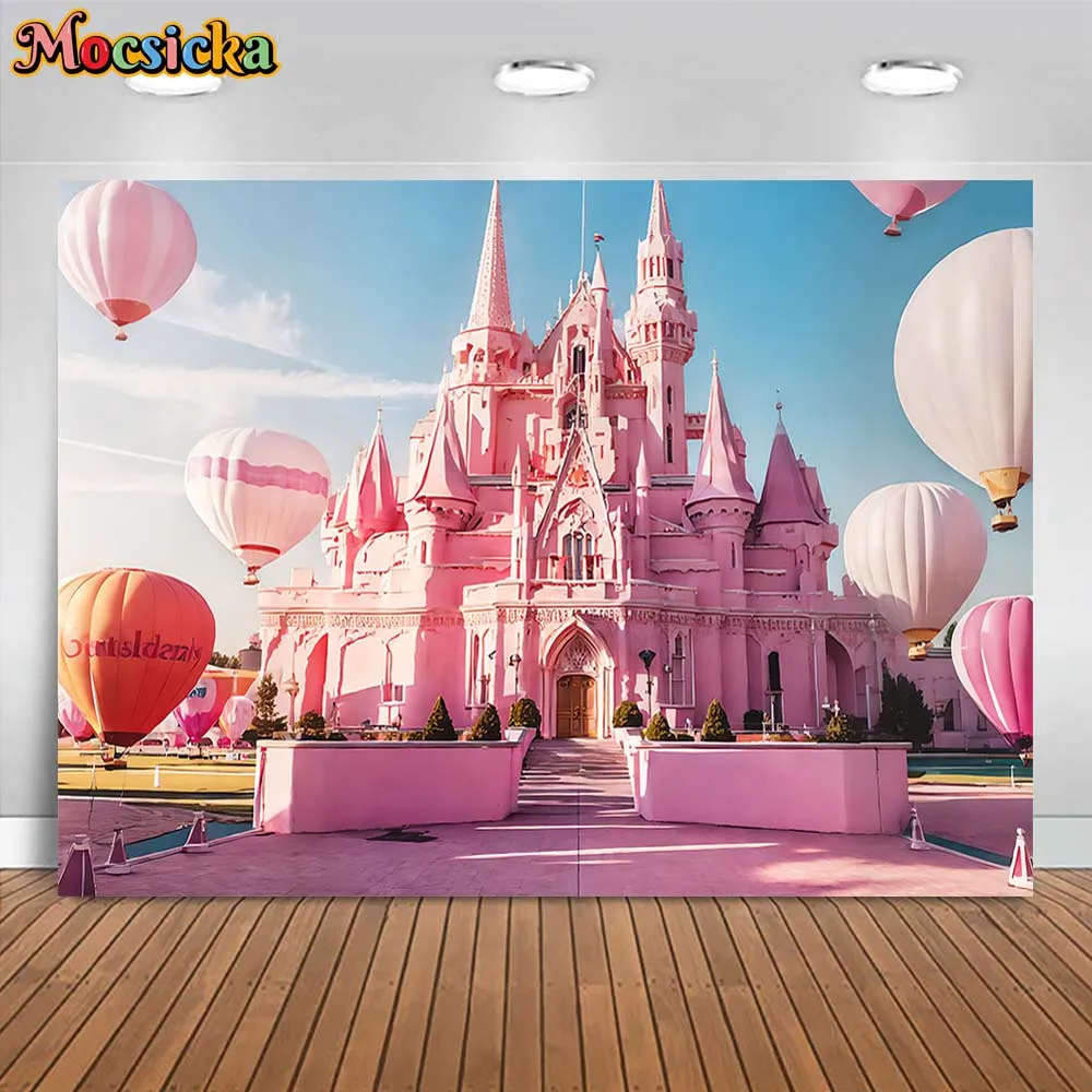 

Mocsicka Pink Dreamy Castle Photography Background Hot Air Balloon Princess Girl Portrait Photo Backdrops Studio Photocall Props