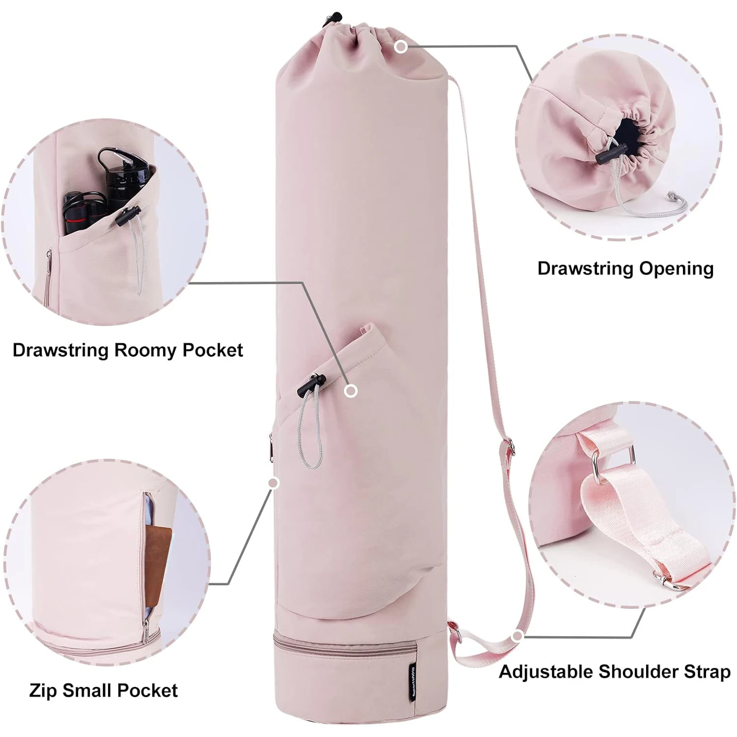 Yoga Mat Bag-Large Opening Long Tote Carrier with Waterproof Wet Pocket and Drawstring Water Bottle Pocket Adjustable Strap