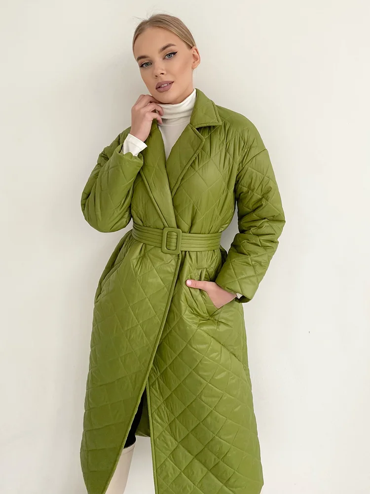 

Winter Woman Coat 2022 Long Straight Rhombus Pattern Parkas Green Casual Sashes Windproof Warm Thick Coat Elegant Female Outwear
