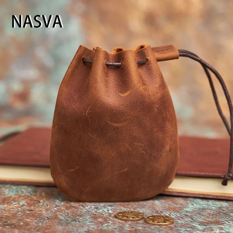 Vintage Leather Coin Purse | Unisex Small Wallet with Drawstring Closure