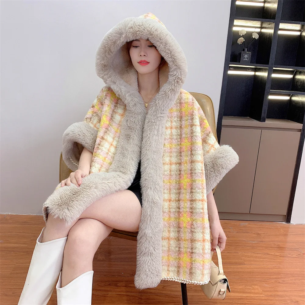 4 Colors Winter Thick Warm Velvet Oversize Cloak Women Striped Long Faux Rabbit Fur Loose Poncho Cape Fashion Overcoat With Hat