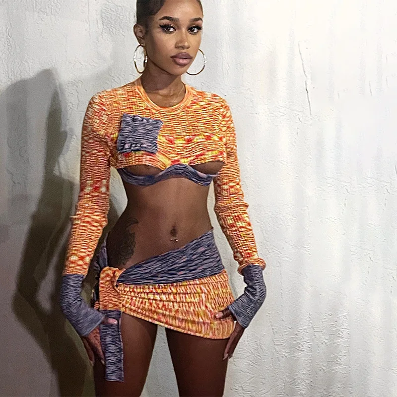 

Hollow Out Print Patchwork Tie 2 Piece Sets Dress Women Sexy Long Sleeve Crop Tops Bodycon Mini Skirts Streetwear Autumn Suits