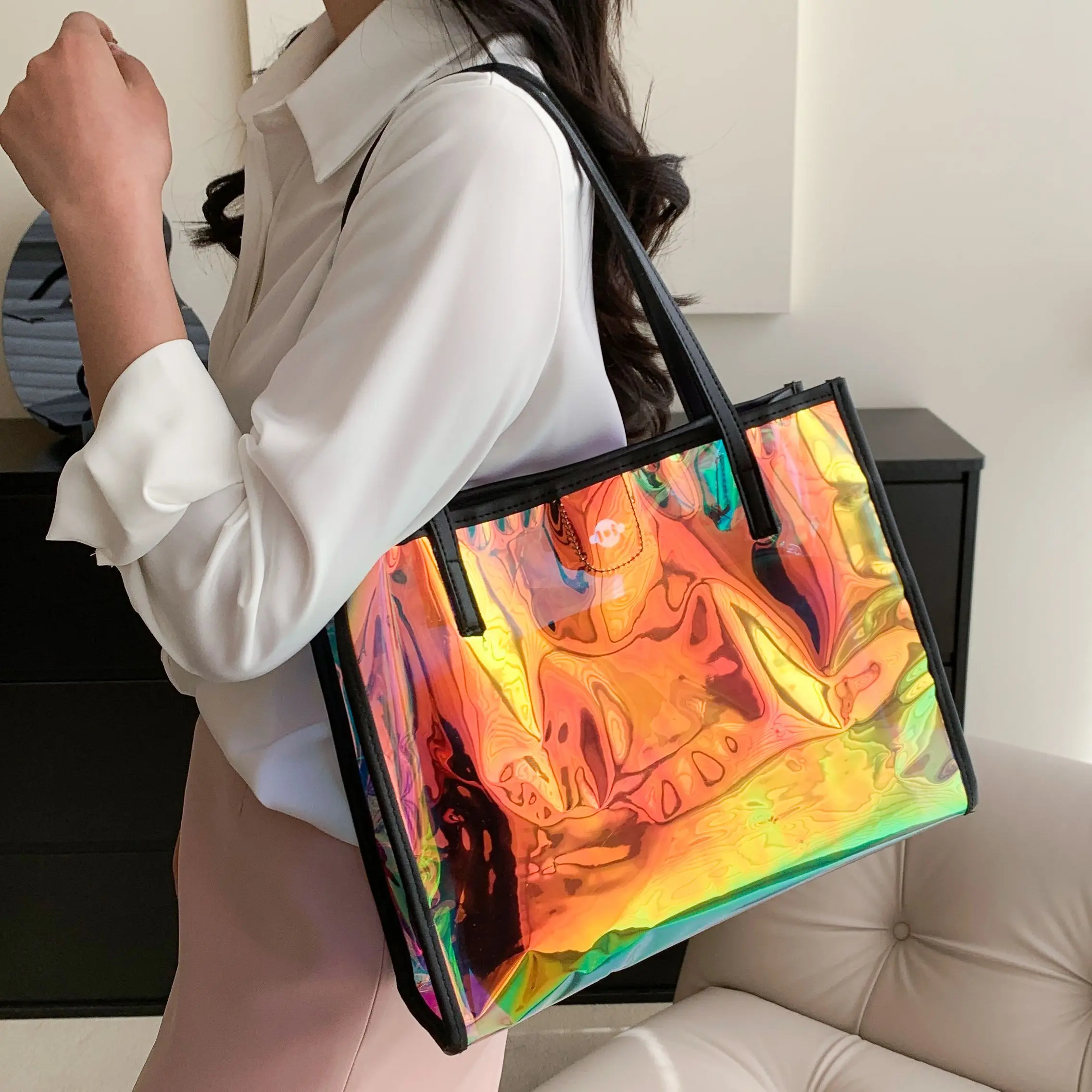 2Pcs Clear Laser Tote Bag Set, Trendy PVC Shoulder Bag With Inner Pouch,  Women's Holographic Travel Beach Bag