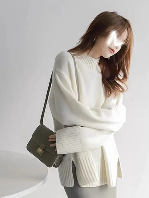 European100% pure cashmere sweater women's half turtleneck slit short sweater lazy loose knit base shirt 2023 autumn and winter - Image 3