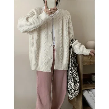 Autumn Twist Cardigan Women Vintage Casual Knitted Cardigan Fashion Long Sleeve Single Breasted Sweater Coat 1