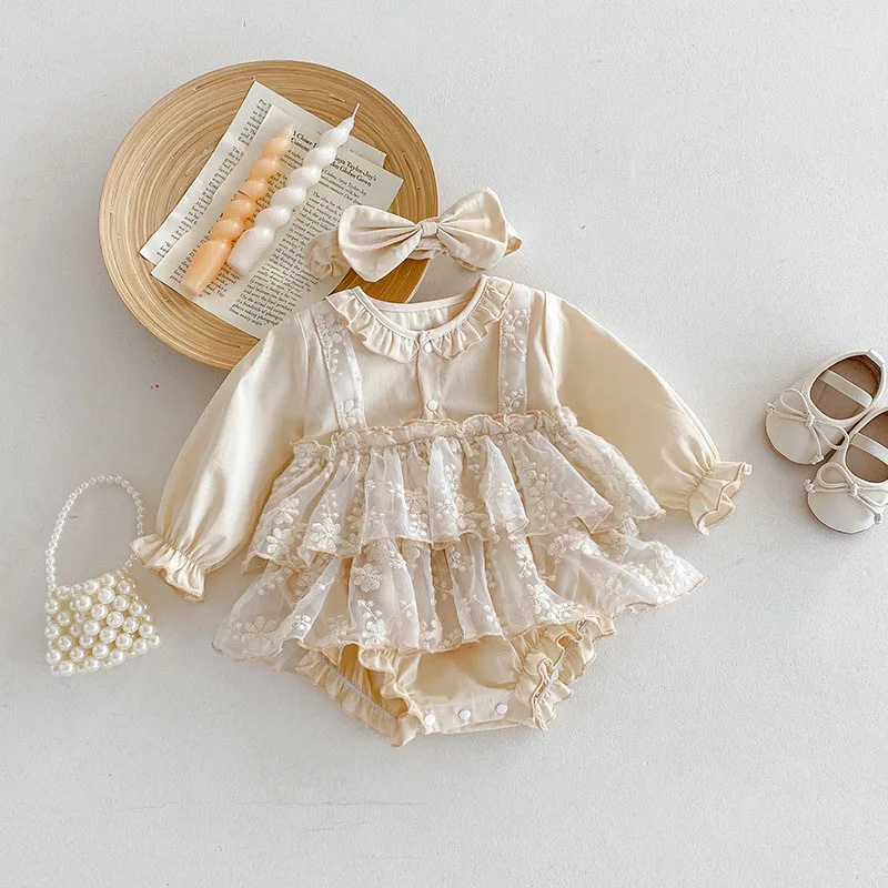 Cute Baby Girls Lace Bodysuit Long Sleeves Embroidered Flowers Jumpsuit