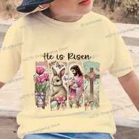 Vintage Christianity Rabbit Print Kids T-shirts Jesus God Graphic Fashion Boys Girls T Shirts Fashion Easter Cartoon Tops Tees 1