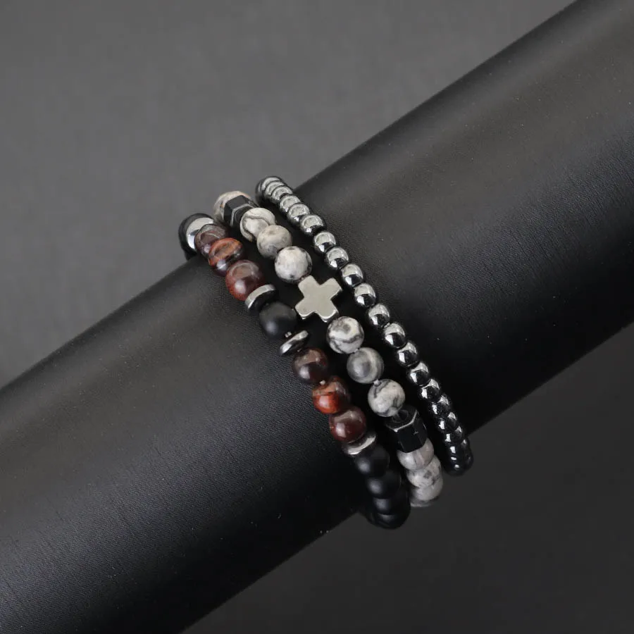 Roman 3pcs Männer Armband Set Hämatit Heilung Braslet natürliche Tigeraugen Lava Stein Perlen Kreuz Armband perfektes Geschenk für ihn – Detail 8